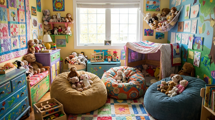 Buntes, liebevoll eingerichtetes Spielzimmer mit Kuscheltieren und gemütlichen Sitzsäcken