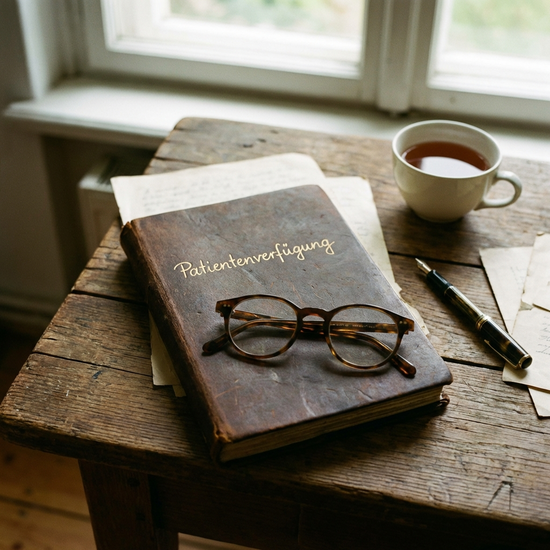Notizbuch mit der Aufschrift Patientenverfügung und eine Brille auf einem Holztisch