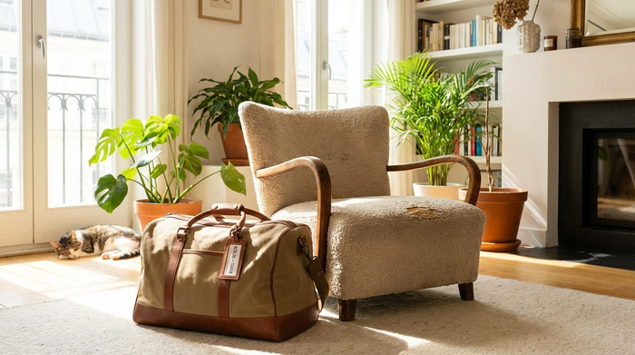 Gepackte Reisetasche steht neben einem bequemen Sessel in einem hellen Zimmer