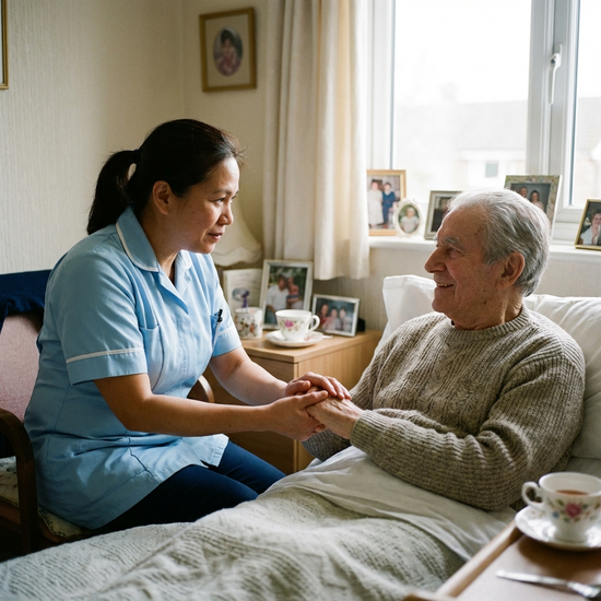 Pflegerin sitzt am Bett eines älteren Herrn und hält sanft seine Hand