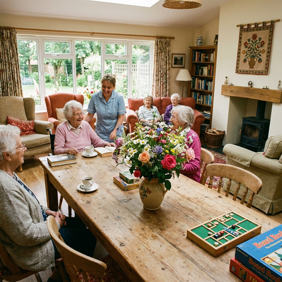 Gemütlicher Gemeinschaftsraum in einer Pflegeeinrichtung mit Holztisch und frischen Blumen