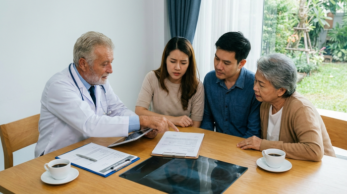 Arzt und Angehörige besprechen gemeinsam Dokumente an einem Tisch