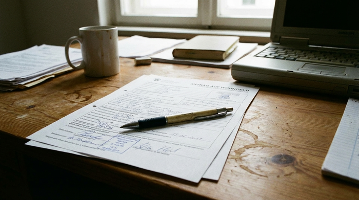 Kugelschreiber liegt auf einem ausgefüllten Antragsformular auf einem Schreibtisch