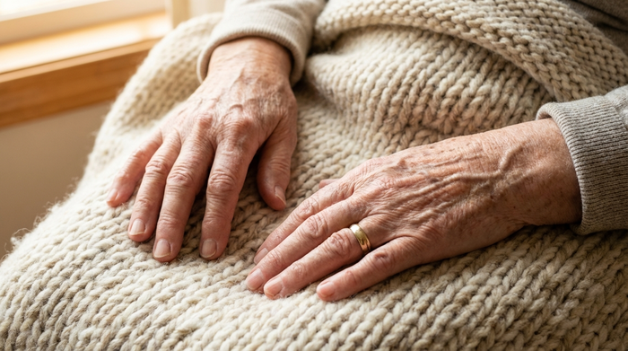 Hände einer älteren Person ruhen entspannt auf einer weichen Decke