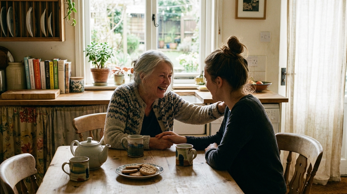 Zwei Frauen unterhalten sich vertrauensvoll bei einer Tasse Tee am Küchentisch