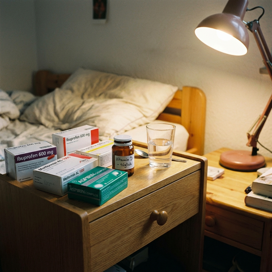 Verschiedene Medikamentenschachteln und ein Wasserglas auf einem Nachttisch