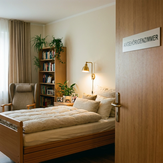 Angehörigenzimmer mit einem gemütlichen Bett und einer Leselampe