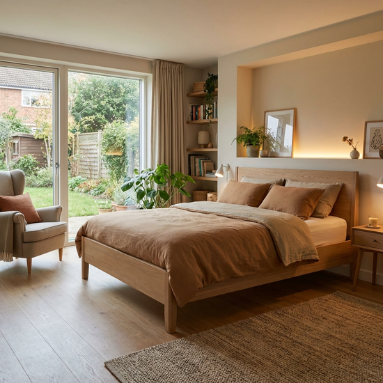 Modernes Pflegebett in einem wohnlichen Schlafzimmer zu Hause