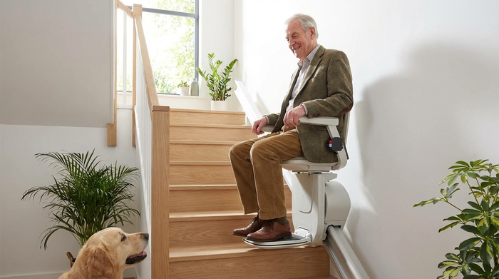 Älterer Herr sitzt sicher und entspannt auf einem modernen Treppenlift, während er eine helle Treppe im Innenbereich hinauffährt