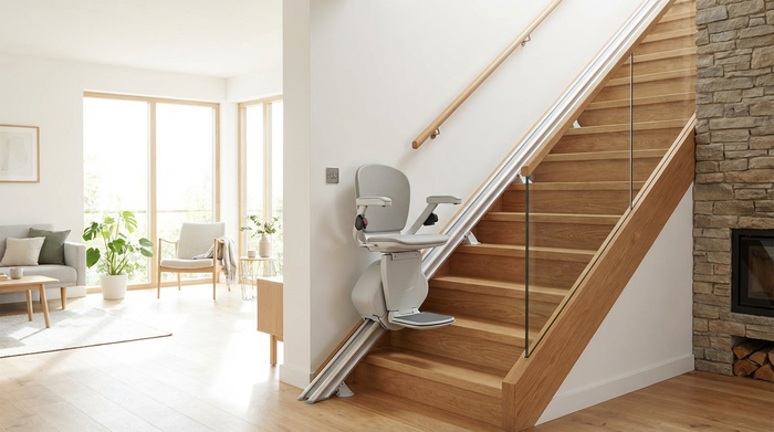 Moderner Sitzlift an einer geraden Holztreppe im hellen Innenbereich