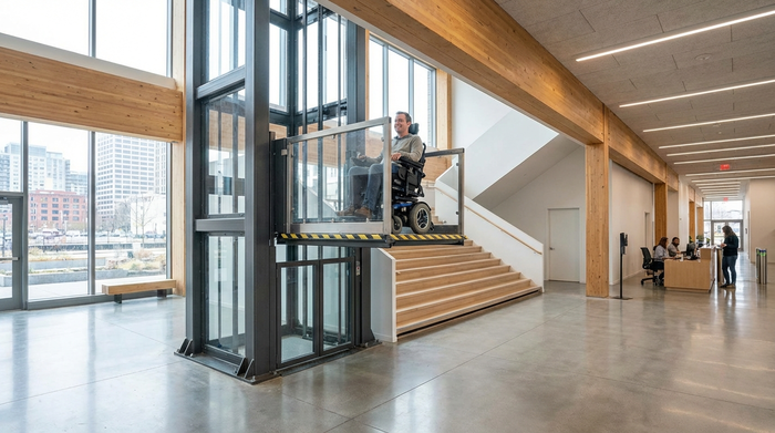 Robuster Plattformlift mit aufgefahrenem Rollstuhl im großzügigen Eingangsbereich