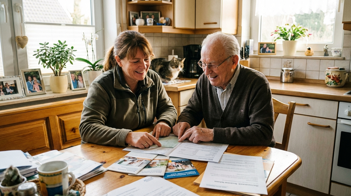 Pflegerin und Senior sitzen am Küchentisch und besprechen gemeinsam Unterlagen und Broschüren