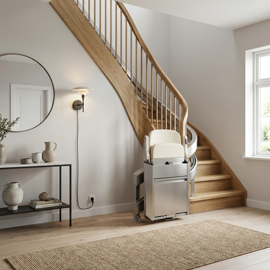 Fertig montierter, moderner Treppenlift fügt sich harmonisch und platzsparend in einen stilvoll eingerichteten Flur ein