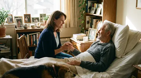 Einfühlsame Hospizbegleiterin hält die Hand eines älteren Herrn im heimischen Wohnzimmer