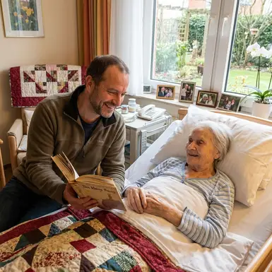 Ehrenamtlicher Hospizbegleiter liest einer Seniorin am Bett aus einem Buch vor