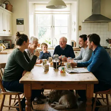 Angehörige unterhalten sich entspannt bei einer Tasse Kaffee am Küchentisch