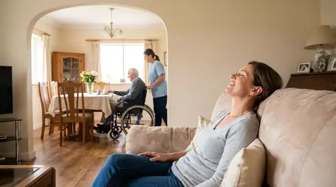 Eine Tochter sitzt entspannt auf dem Sofa und atmet durch, während im Hintergrund der Pflegebedürftige betreut wird