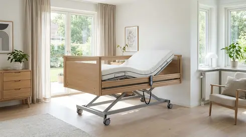 Modernes, höhenverstellbares Pflegebett in einem hellen Schlafzimmer