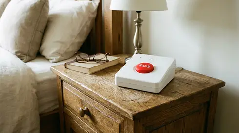 Hausnotruf-Gerät mit rotem Knopf auf einem Holz-Nachttisch