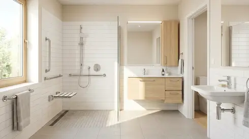 Helles, barrierefreies Badezimmer mit ebenerdiger Dusche und Haltegriffen