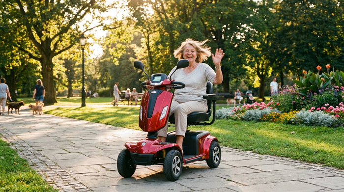 Glückliche Seniorin fährt mit einem modernen roten Elektromobil auf einem gepflasterten Weg durch einen sonnigen Park