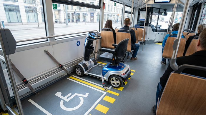 Modernes Elektromobil steht sicher geparkt auf dem markierten Rollstuhlplatz im Innenraum eines Linienbusses