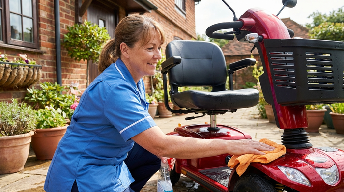 Freundliche Pflegerin reinigt die Verkleidung eines Elektromobils sorgfältig mit einem feuchten Mikrofasertuch