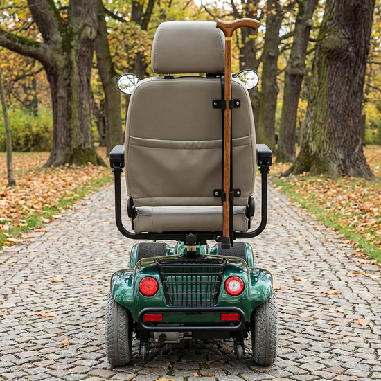 Elektromobil von hinten gesehen mit montiertem, schwarzem Stockhalter an der Rückenlehne des Sitzes