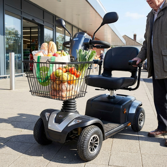 Geräumiger, schwarzer Einkaufskorb fest montiert an der Frontlenksäule eines Seniorenmobils