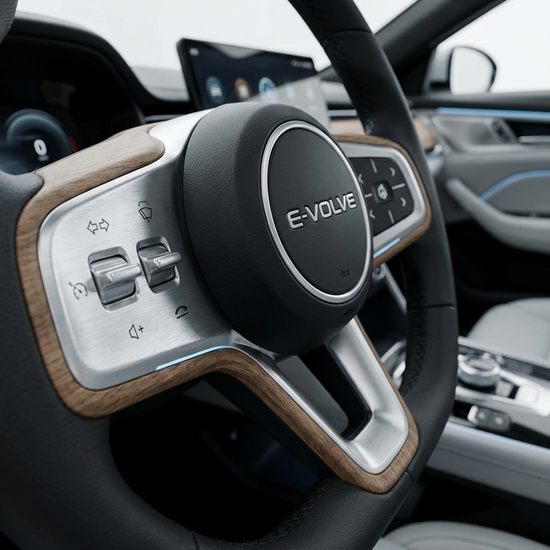 Detailansicht der Lenksäule eines Elektromobils mit übersichtlichen Bedienelementen und Wippschaltern