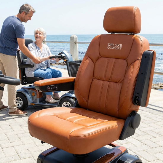 Bequemer, gepolsterter Kapitänssitz eines Seniorenmobils mit hochklappbaren Armlehnen