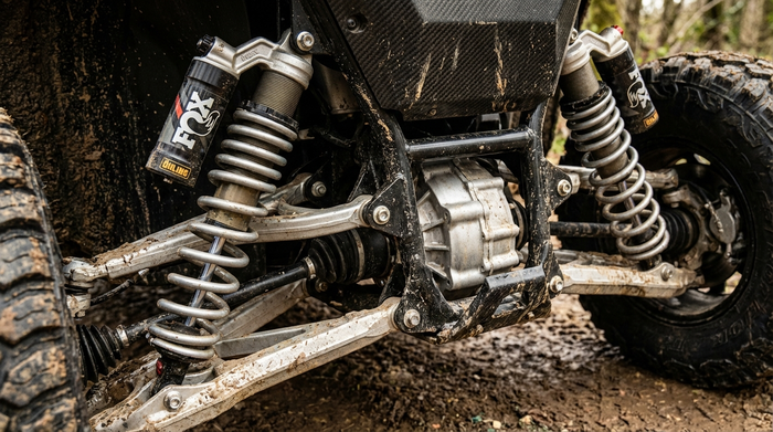 Nahaufnahme der Stoßdämpfer und Vollfederung an der Hinterachse eines Elektromobils