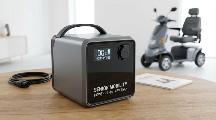 Moderne, kompakte Lithium-Ionen-Batterie für ein Seniorenmobil auf einem Tisch