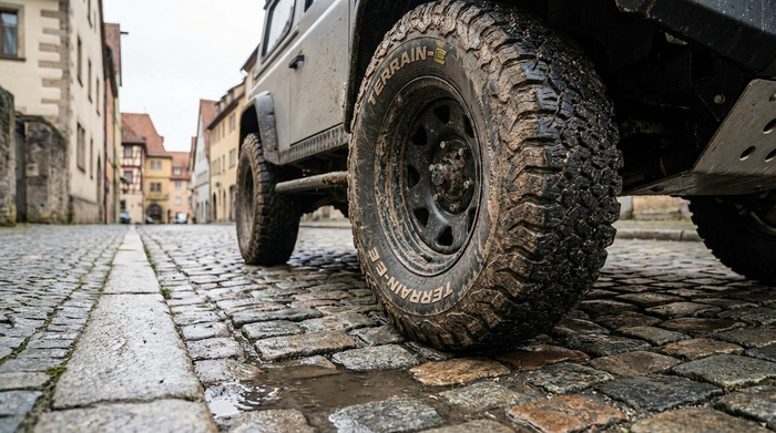 Große, profilierte Luftreifen eines Elektromobils auf unebenem Kopfsteinpflaster
