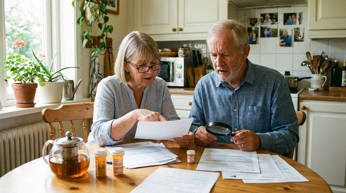 Älteres Ehepaar sitzt gemeinsam am Küchentisch und bespricht aufmerksam medizinische Dokumente und Anträge