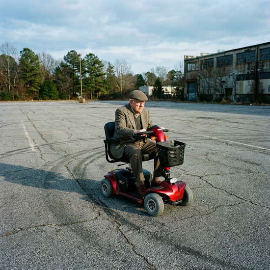 Senior übt konzentriert das Fahren und Wenden mit seinem Elektromobil auf einem leeren, asphaltierten Platz