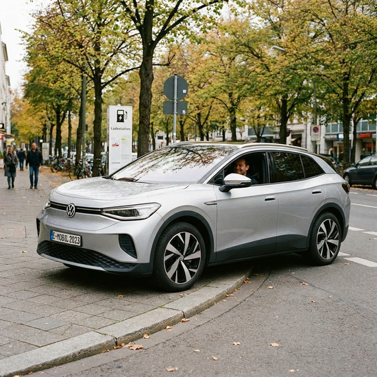 Elektromobil überquert im rechten Winkel sicher eine abgesenkte Bordsteinkante am Straßenrand