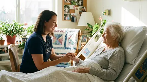 Einfühlsame Pflegerin hält die Hand einer älteren Patientin im Pflegebett in einem hellen Zimmer