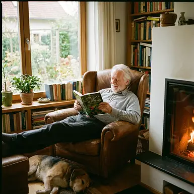 Älterer Herr sitzt entspannt im Sessel und liest ein Buch