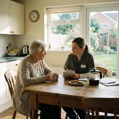 Angehörige und Pflegerin besprechen sich ruhig am Küchentisch