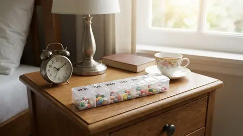 Medikamentendispenser mit sortierten Tabletten auf einem Nachttisch