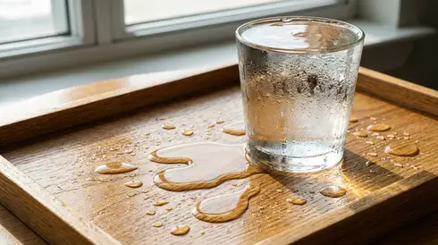 Glas Wasser und Tropfen auf einem sauberen Tablett