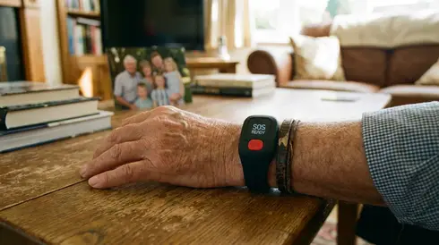 Kleines Notrufgerät am Handgelenk eines Seniors