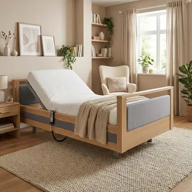 Modernes elektrisch verstellbares Pflegebett in einem gemütlichen Schlafzimmer