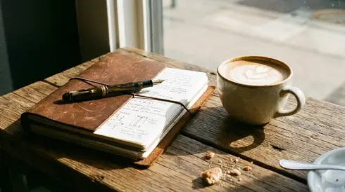 Notizbuch und Stift neben einer Kaffeetasse auf einem Holztisch