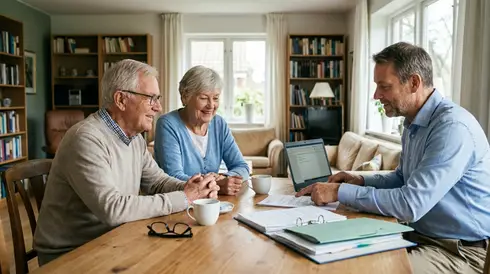 Älteres Ehepaar sitzt gemeinsam mit einem Berater entspannt am Tisch und bespricht Dokumente