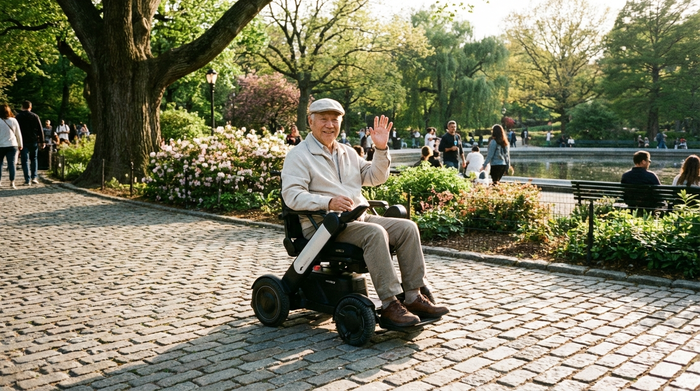Freundlicher Senior im modernen Elektrorollstuhl auf einem gepflasterten Weg im sonnigen Park