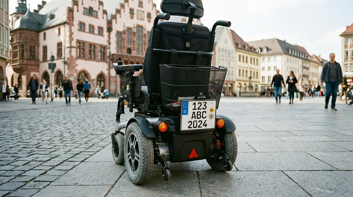 Heckansicht eines Elektrorollstuhls mit angebrachtem Versicherungskennzeichen