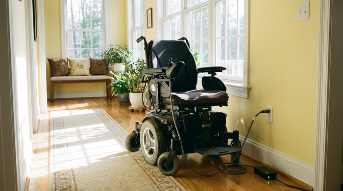 Elektrorollstuhl wird über ein Kabel an einer Steckdose im hellen Hausflur aufgeladen