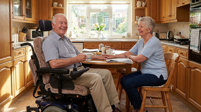 Ehepaar sitzt gemeinsam am Küchentisch, der Mann im komfortablen Elektrorollstuhl